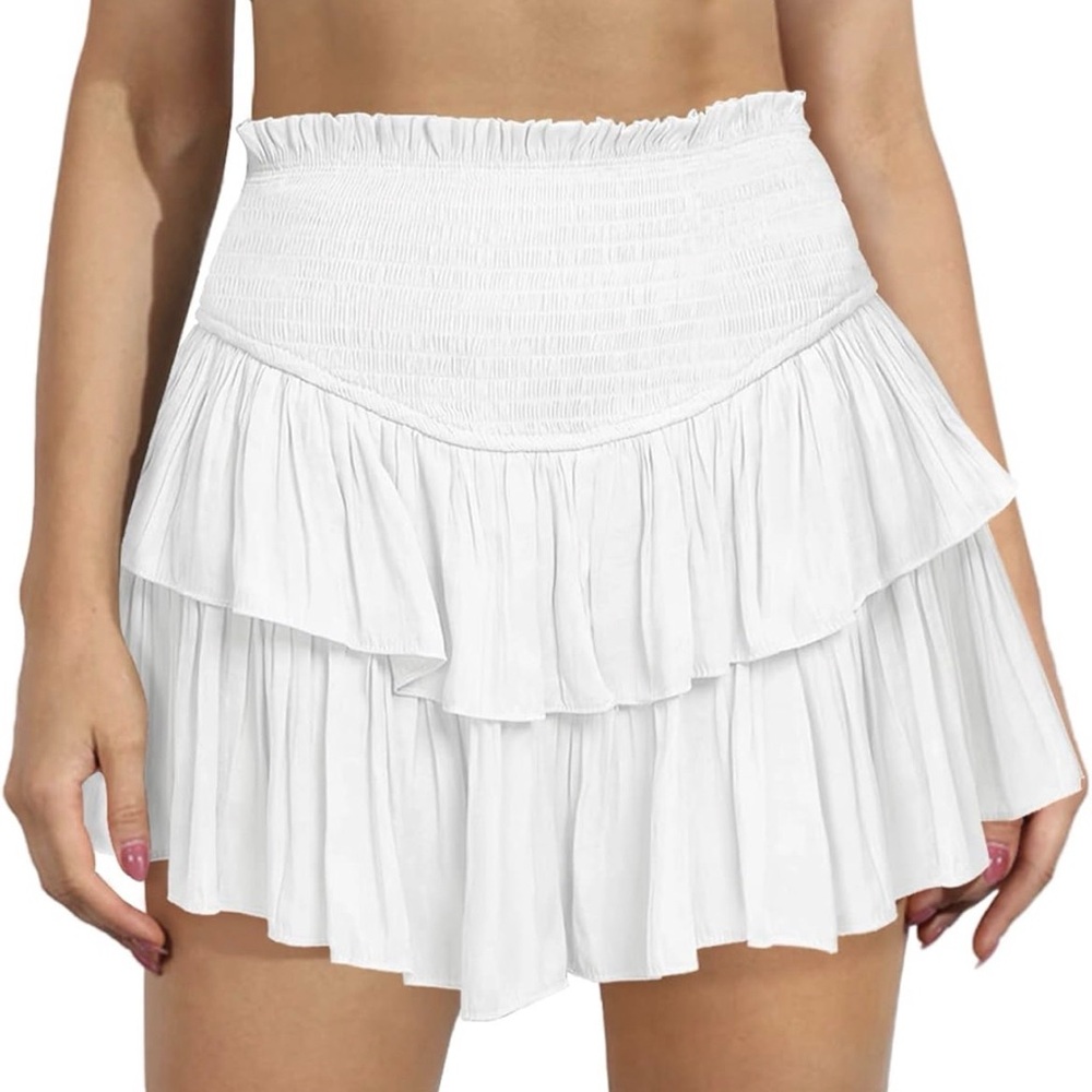 White Ruffle Mini Skort Skirt w/ Built-In Shorts Size L